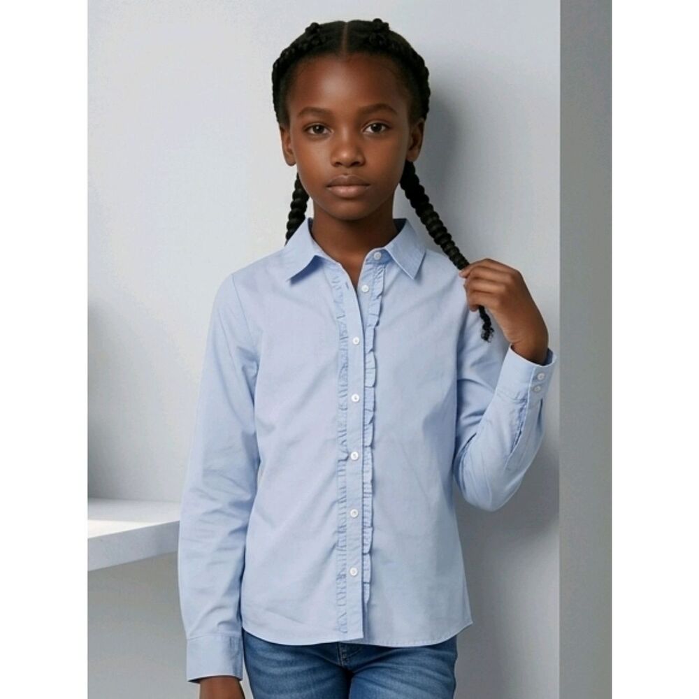 Lands End Girls Blue Long Sleeve Ruffle Placket Oxford Button Down Shirt School